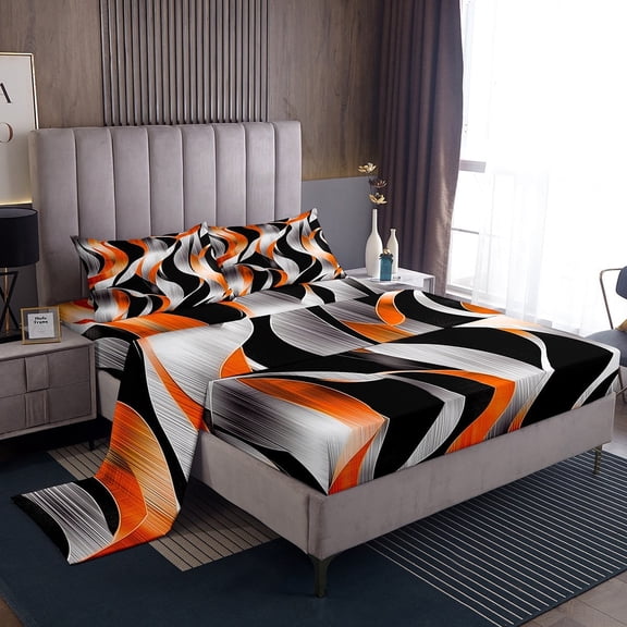 Erosebridal Geometric Stripes Sheet Set Twin,Black Orange Bedding Sets Twin Size,Spiral Swirl Twin Sheet Sets,Microfiber Boys Bedroom Decor,3pcs