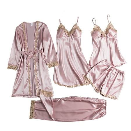 Chuancc Womens Silk Satin Pajamas Sets Satin Silk Pajamas for Women Set Satin Cami Pjs Set 5PCS Silk Pajamas for Women Short Sleeve Sleepwear Top and Shorts Loungewear Pink 2XL