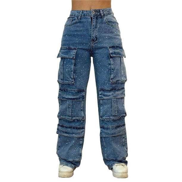 Pantalones vaqueros de pierna ancha con diamantes de imitación for mujeres y adolescentes, pantalones de mezclilla elásticos y holgados for fiestas y festivales