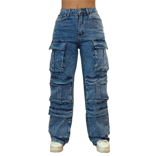 Pantalones vaqueros de pierna ancha con diamantes de imitación for mujeres y adolescentes, pantalones de mezclilla elásticos y holgados for fiestas y festivales