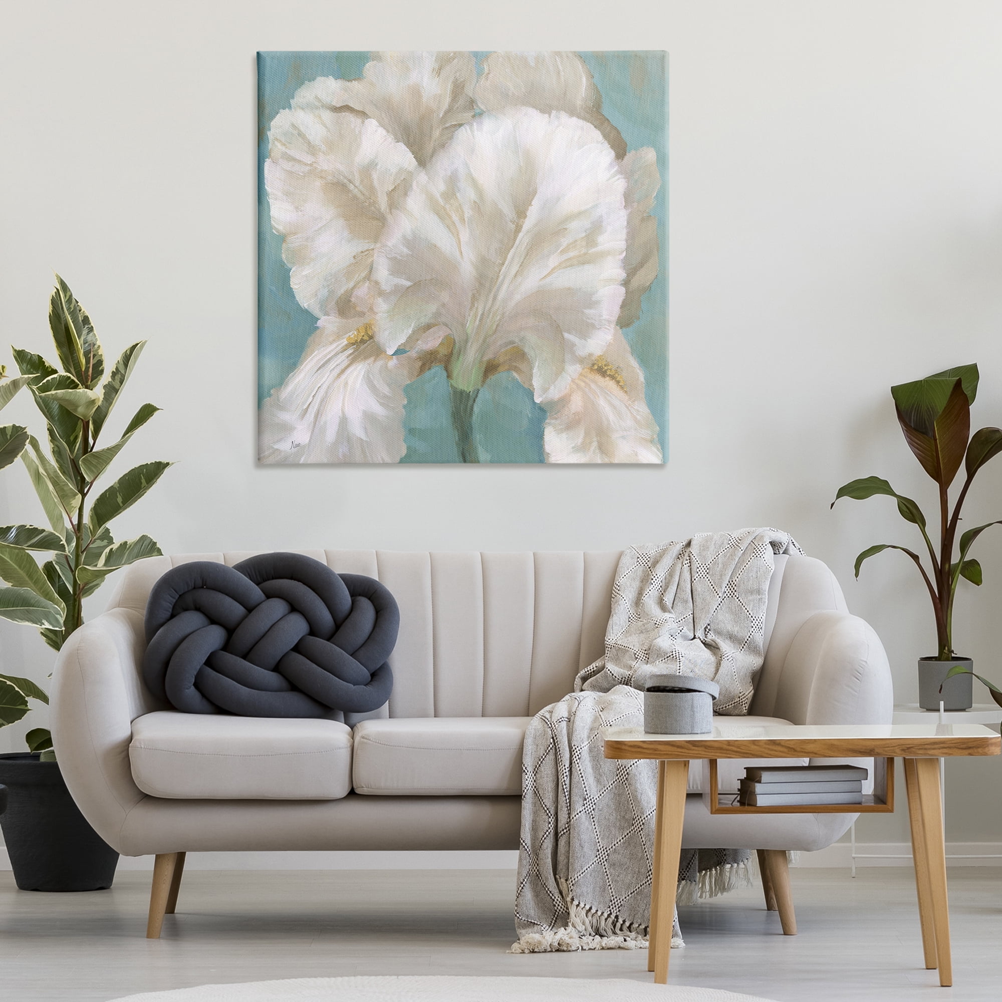 Stupell Industries White Iris on Blue Botanical & Floral Painting Gallery Wrapped Canvas Art Print Wall Art, 36 x 36