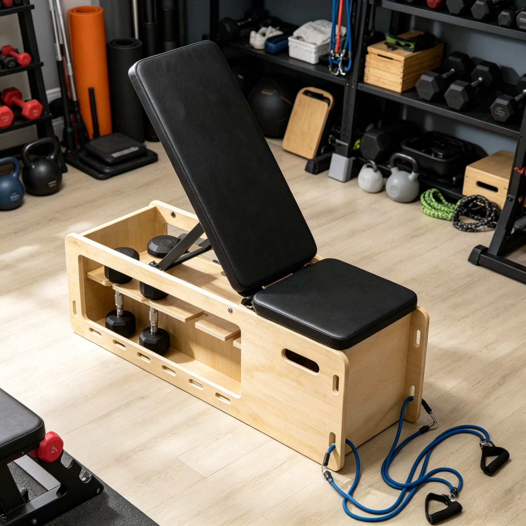 Home Gym Wooden Workout Bench, Adjustable Incline Weight Bench with Dumbbell Rack and Built-in Resistance Bands