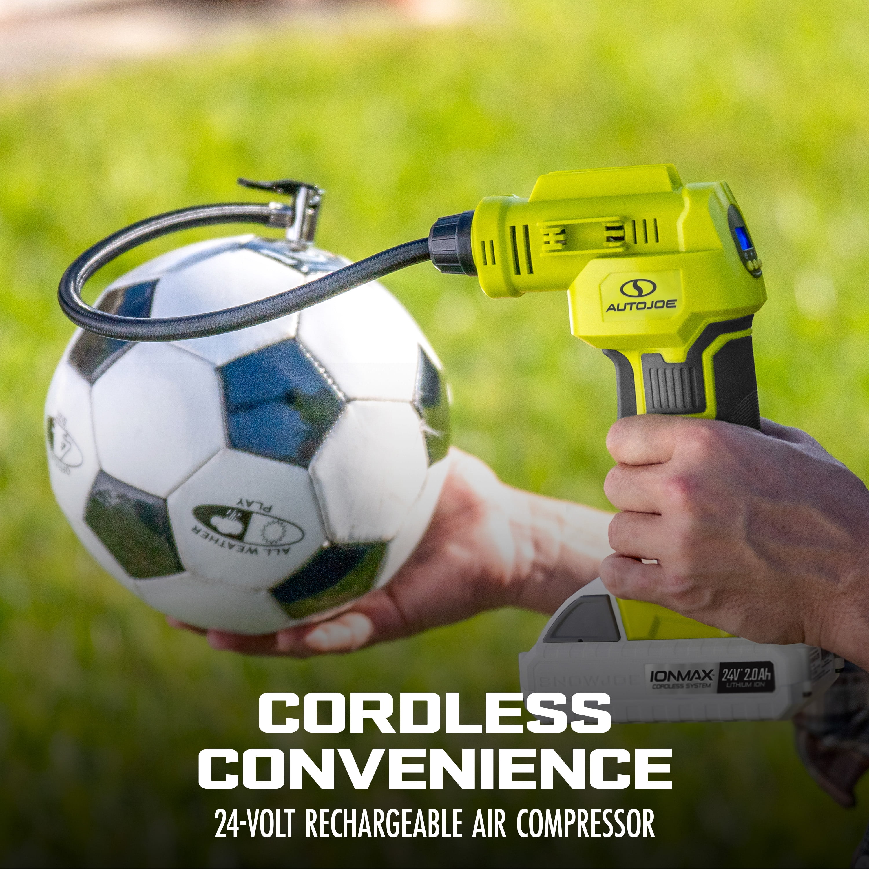 Sun Joe 24V-AJC-MAX 24-Volt iON+ Cordless Portable Air Compressor Kit, W/ 1.3-Ah Battery, Charger, Storage Bag, and Nozzle