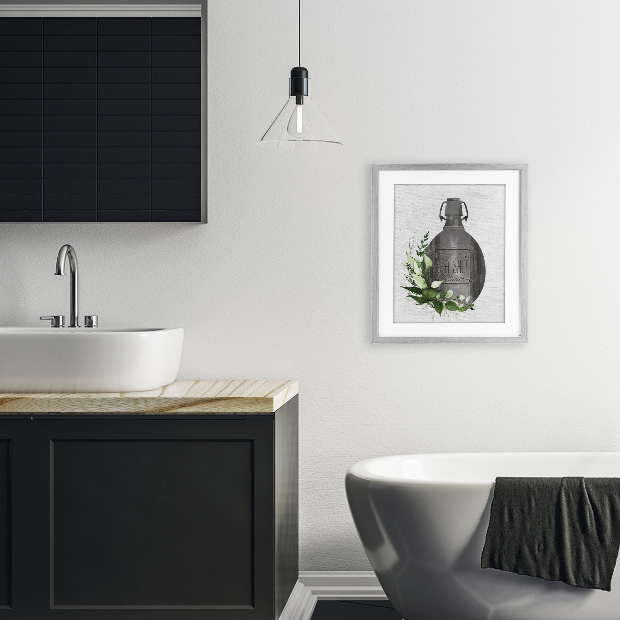 Vintage Bottle with Bathroom Herbs Gray Framed Print Under Glass, design by Lettered and Lined