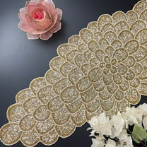Handmade bead table runner, peacock floral beaded runner, gold, silver and white, 13x36 inch