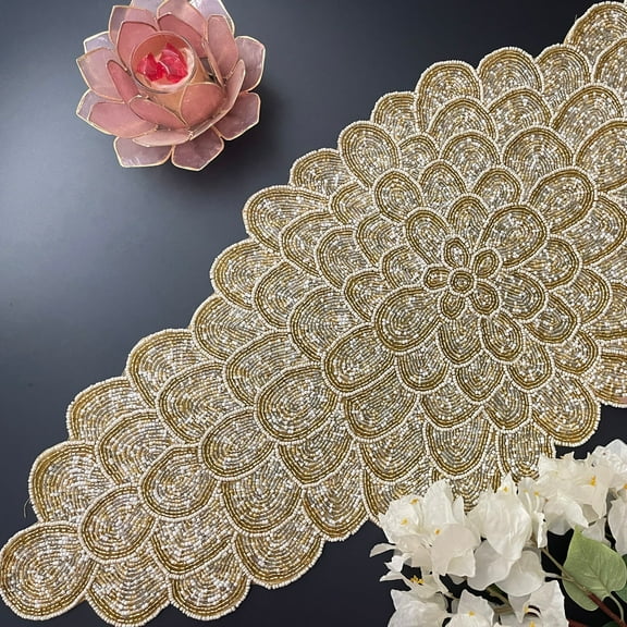 Handmade bead table runner, peacock floral beaded runner, gold, silver and white, 13x36 inch