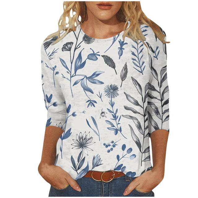 Wanfds Hauts et Blouses Blancs pour Femmes 2025 Col Rond Manches Trois-Quarts TTG