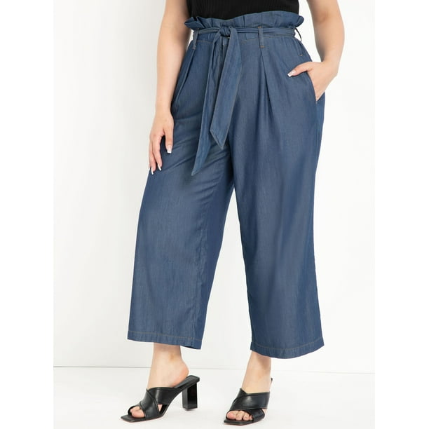 ELOQUII Elements Plus Size Paper Bag Waist Wide Leg Crop Pants