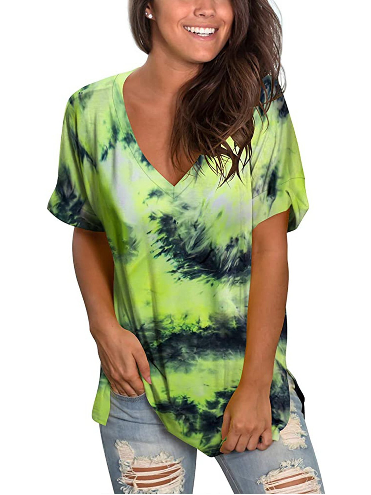 Womens Tops Women's Summer T-Shirts Casual V Neck Tie Dye Shirts Short Sleeve Loose Tops Casual Womens Tops 