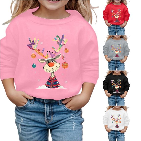 Tanghaowl Kids Hoodies Print Girls Long Sleeve Crewneck Sweatshirt Soft Casual Pullover Top for Holiday Season Christmas Style Pink 8-9 Years