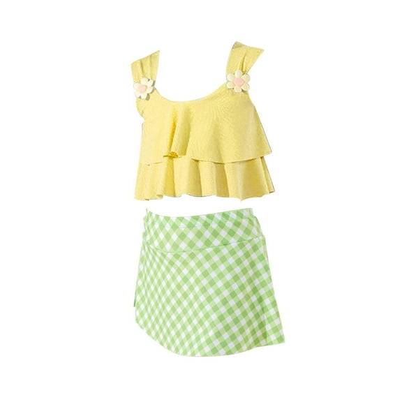 Mercatoo Girls Swimsuits 2Pcs Ruffles Bathing Suits Summer Plaid Printing Skirt Toddler Beach Surf Tankini Swimwear Set