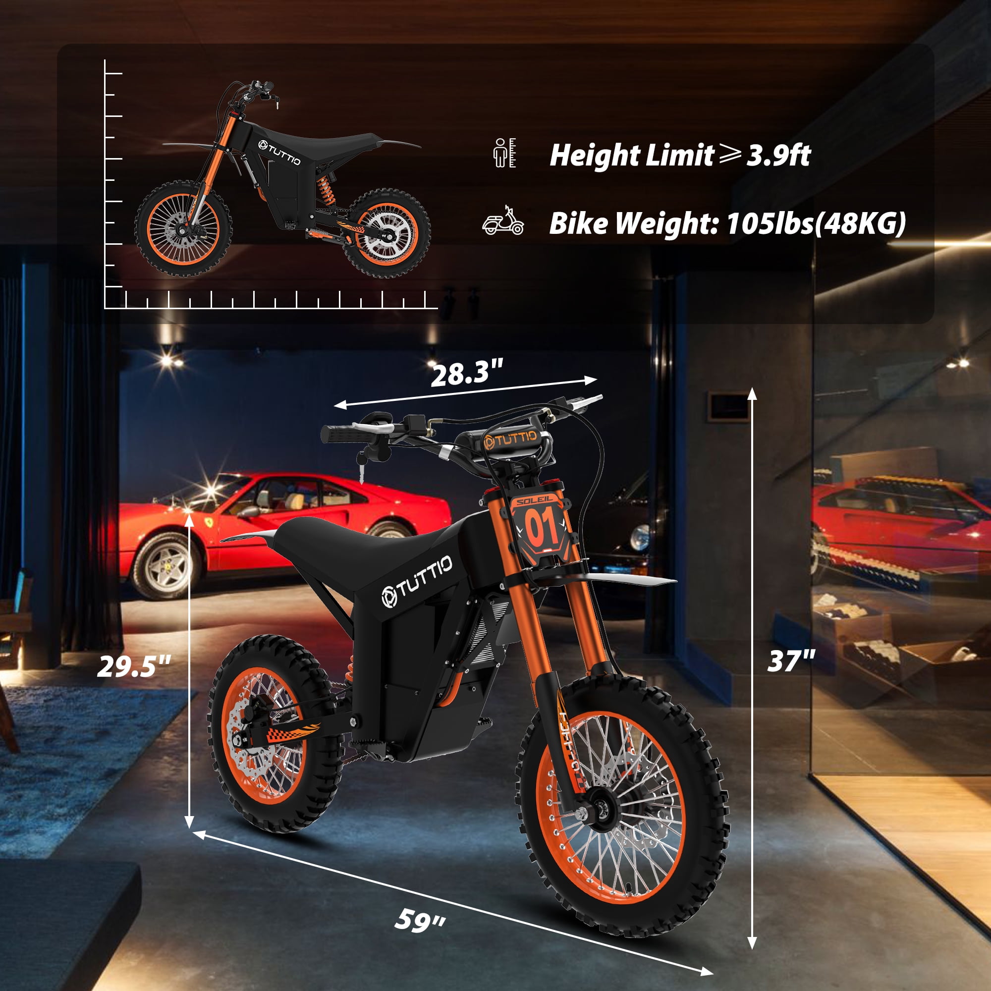 TUTTIO Soleil01 High-Torque Electric Dirt Bike Adult Teen, 200N.m,48V/21Ah Removable Battery, 14'/12' Fat Tires ,UL2849