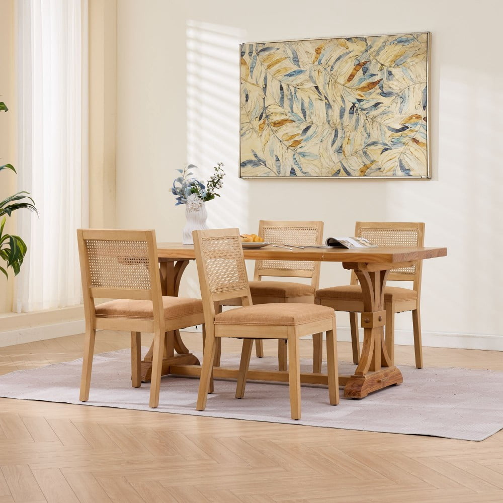 Rattan Dining Chairs Set of 2, Farmhouse Mid Century Modern Kitchen Chairs with Cane Backrest, Linen Upholstered Seat, Solid Wood Frame, Tan