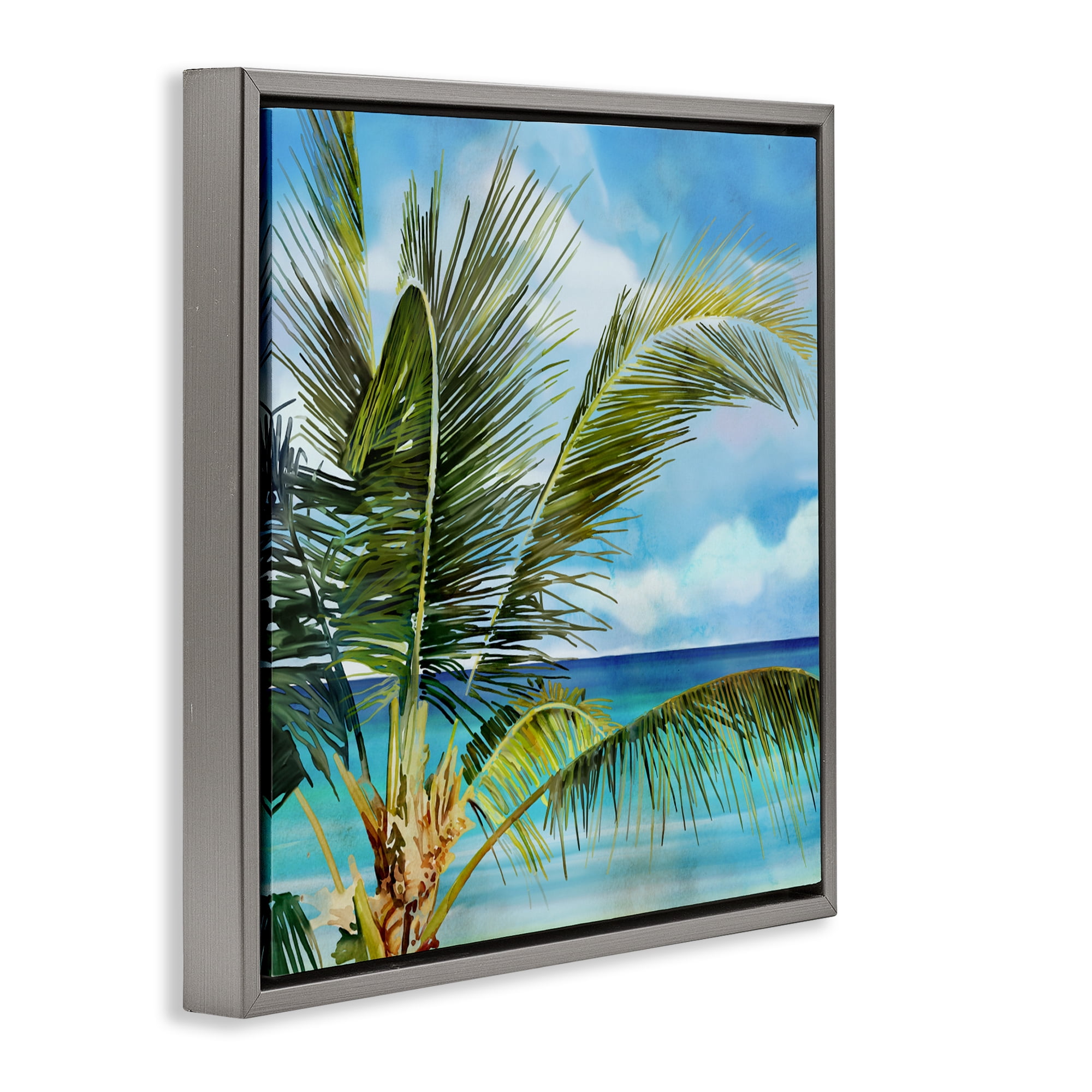 Stupell Industries Lush Palm Watercolor View Gray Framed Floater Canvas Wall Art, design by Mauro Devereaux