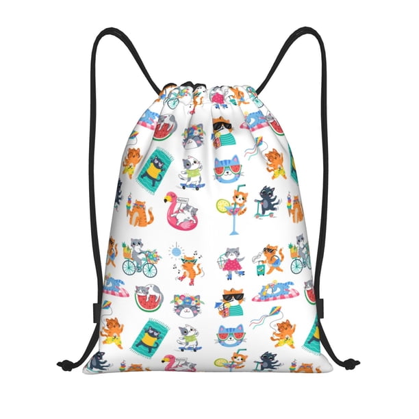 Fotbe Hello Summer Cat Bolsa Mochila con Cordón Estampada, Bolsa de Gimnasio Deportiva, Bolsa Cinch, Bolsa con Cordón para Hombres y Mujeres-Medium