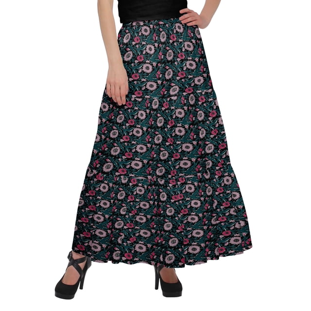 Moomaya Printed Long Skirt For Women Wrap Style Plus Size 3 Tier Maxi Skirt