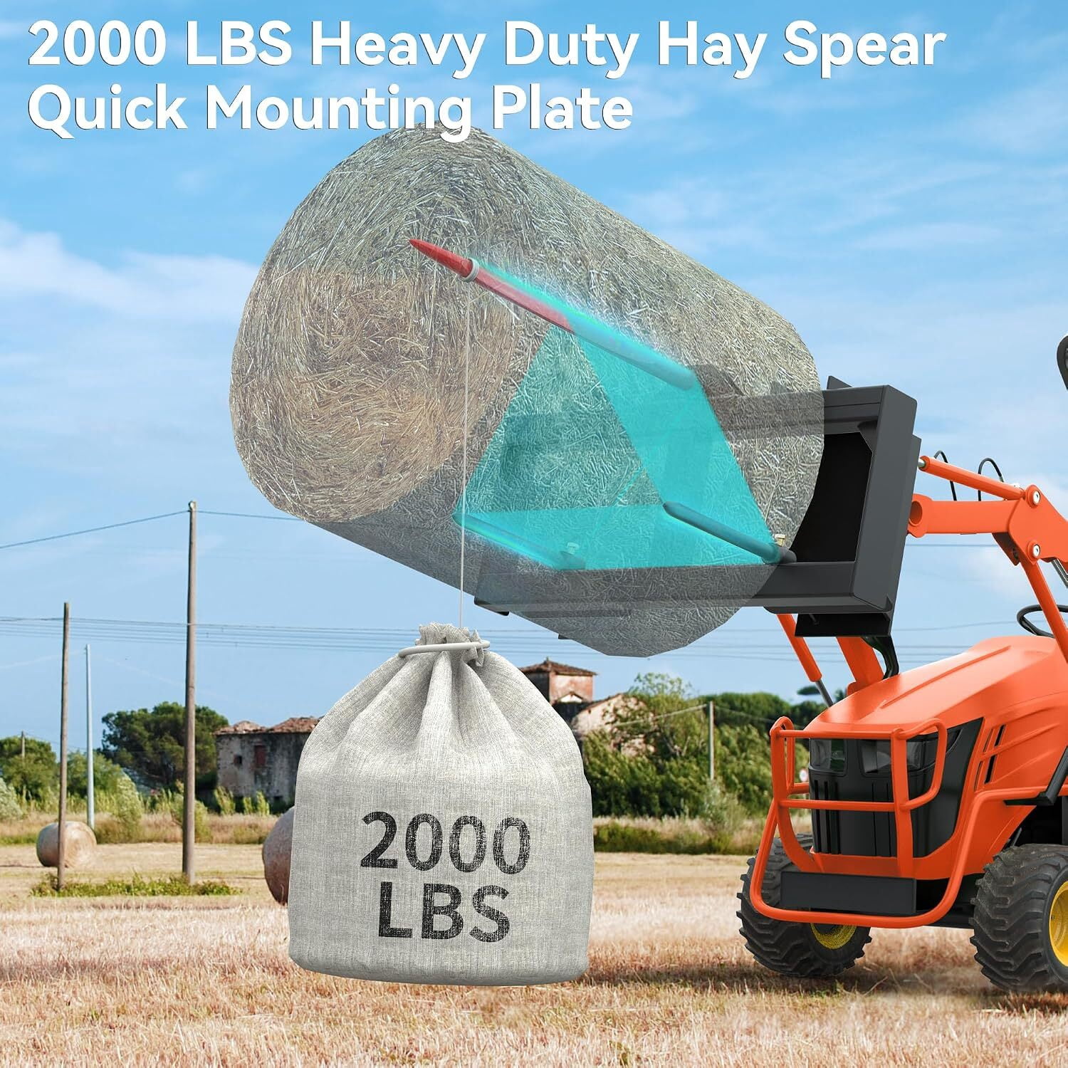 Uforic 49" Hay Bale Spear Attachment, 2000 LBS Quick Attach Fits Bobcat Skid Steer & Tractor, 1 Red 49" Main Spear + 2 Black 17" Stabilizer Spikes