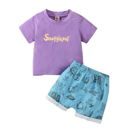 

0-24M Infant Baby Boys Girls 2pcs Clothes Sets Short Sleeve Letter T Shirts+Cartoon Animal Printed Shorts