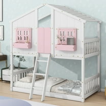 Twin over Twin House Bunk Bed with Roof,Floor Bunk Bed with Safety Guardrails and Ladder,Bunk Bed Frame with Window,Window Box and Door,Pink White