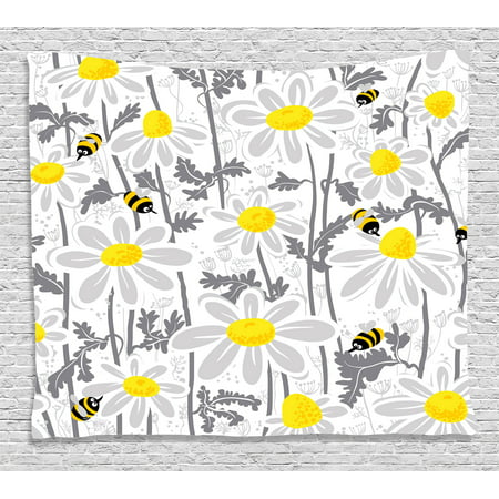 Grey Decor Tapestry, Daisy Flowers with Bees in Spring Time Honey Petals Floret Nature Purity Bloom, Wall Hanging for Bedroom Living Room Dorm Decor, 80W X 60L Inches, Yellow White, by