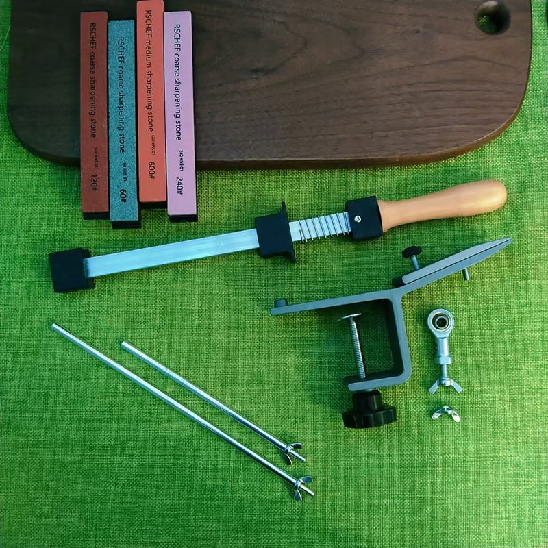 Professional Knife & Scissors Sharpener Set - Adjustable Angle Guide, Durable Zinc Alloy, Manual Sharpening Tool with Wooden Handle for Kitchen Use,