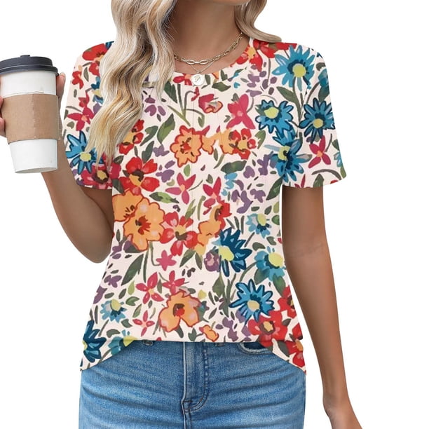 Puntoco Liquidación de blusas cortas para mujer Blusa informal de manga corta con cuello redondo a la moda para primavera/verano para mujer