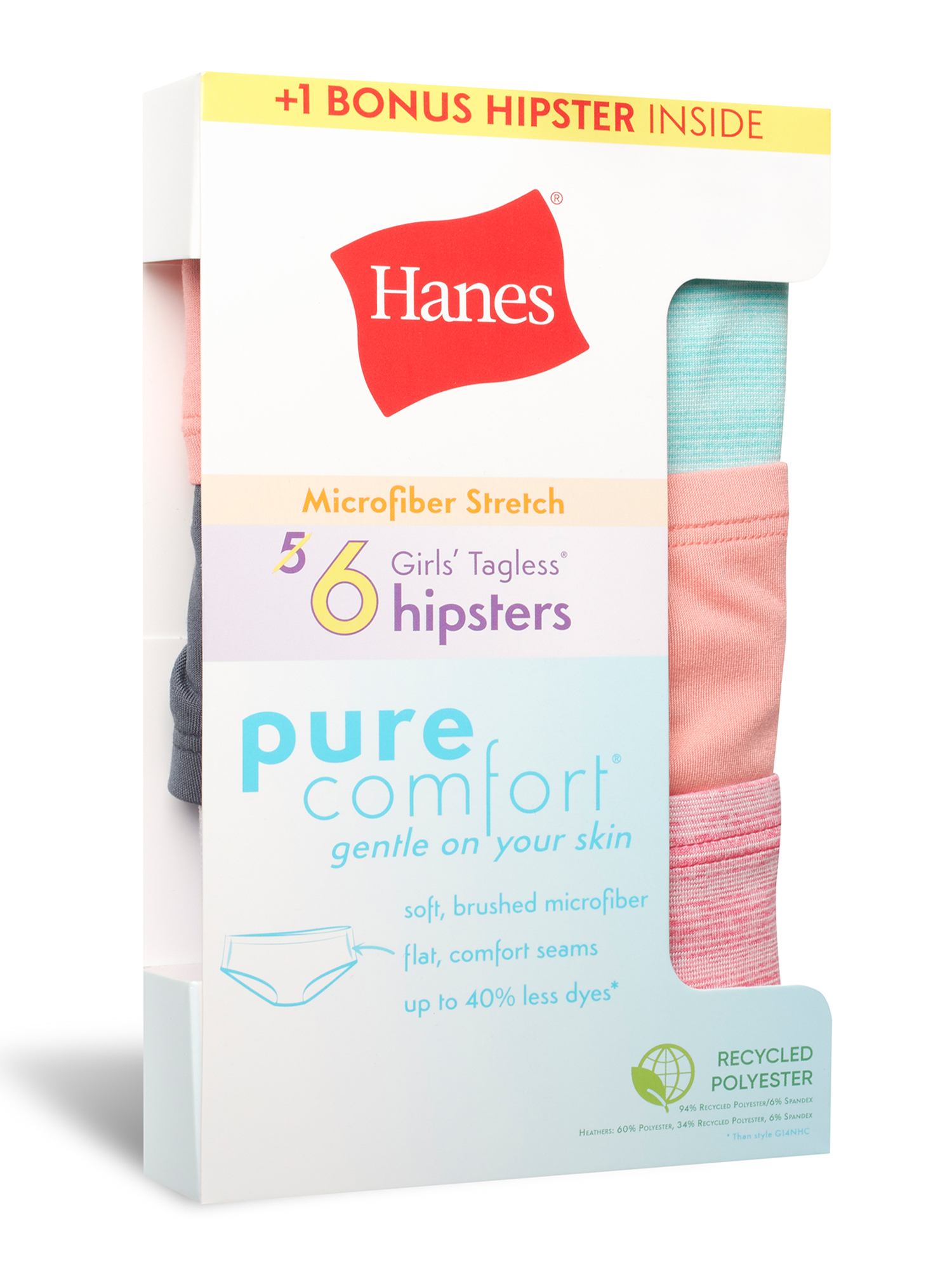 Hanes Girls' Pure Comfort Microfiber Hipster, 5+1 Bonus Pack
