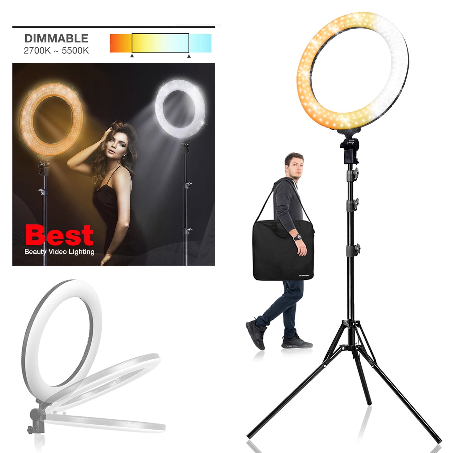 19" LED Ring Light Dimmable Circle Lighting Kit Selfie Makeup Studio Photography 