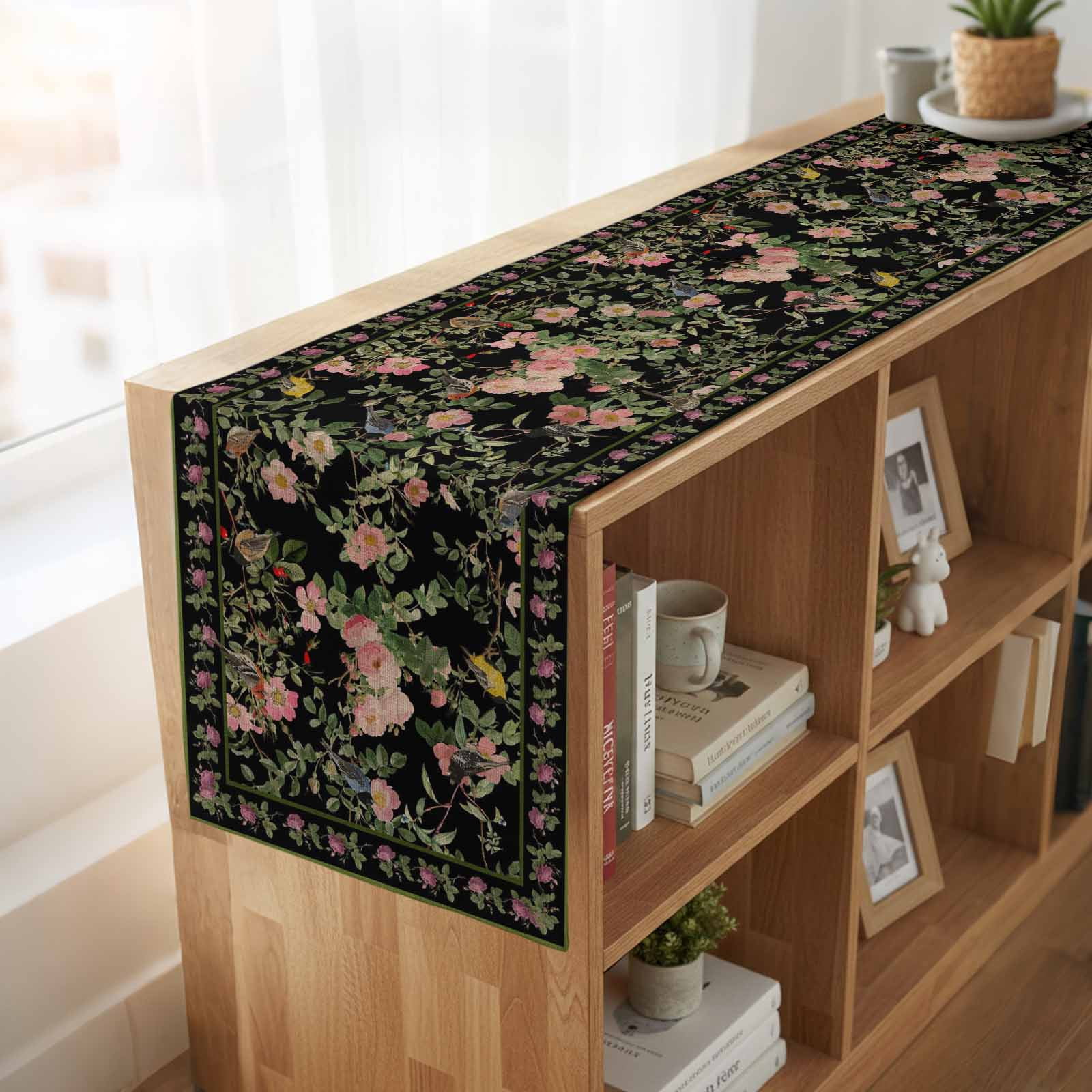 Black Spring Floral Burlap Cotton Table Runner 13x90 Inches Long, Elegant Pastoral Flowers Birds Retro Art Farmhouse Table Runners, Outdoor Dining Tablecloths Decor for Baby Shower/Party/Wedding