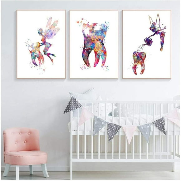 Dental Art Tooth Fairy Canvas Paintings, 3 Pieces Tooth Canvas Painting Color Wall Art Poster Dental Canvas Print Teeth Wall Picture Clinic Decor, Decorative Painting 40X60cm(Unframed)