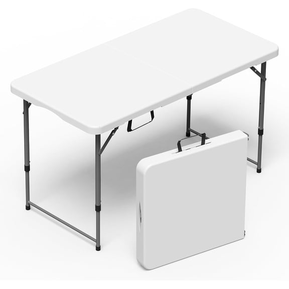 Folding Table 4 Foot Portable Heavy Duty Fold-in-Half Adjustable Height Utility Table with Carrying Handle White