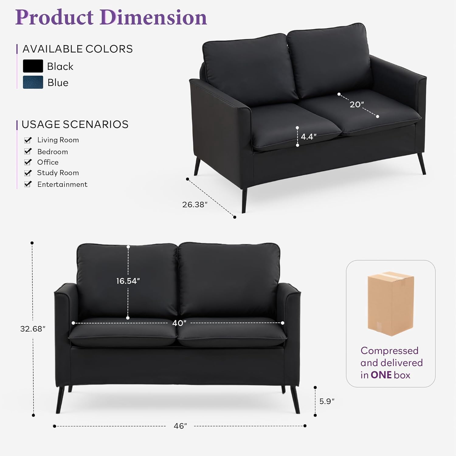 LAZZO 46" Faux Leather Loveseat Sofa, Mid-Century Modern 2-Seater Couch with 2 Pillows for Small Spaces Living Room Bedroom Office, Black