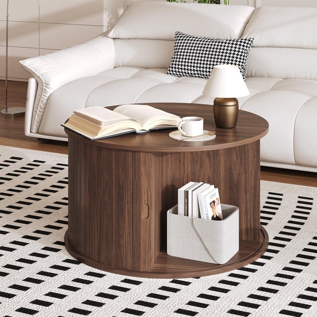 Yeshouse Mesa de centro redonda moderna de mediados de siglo de 71 cm con espacio de almacenamiento, mesa auxiliar acanalada con puerta corrediza tipo tambor para sala de estar