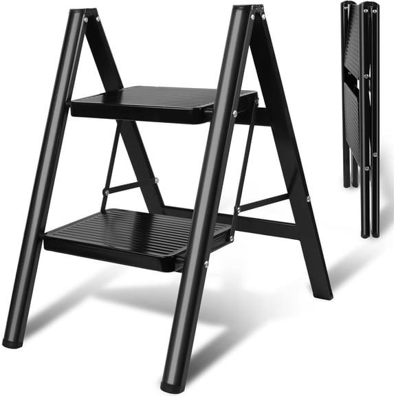 Upgraded 2 Step Ladder, 330 lbs Folding Aluminum Step Stool with Wide Anti-Slip Pedals, Lightweight & Portable Ladder for Kitchen, Closet, Office, Home Use - Black