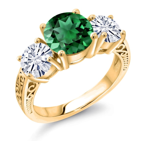 Gem Stone King 18K Yellow Gold Plated Silver Green Nano Emerald and White Moissanite Engagement Ring for Women | 3.25 Cttw | Round 8MM | Gemstone May Birthstone | Size 5