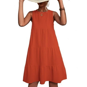 Women's Solid Orange Sleeveless Dress - Elegant and Casual Tiered Round Neck Design, Loose Hem, Perfect for Parties and Daily Life, Size XXL