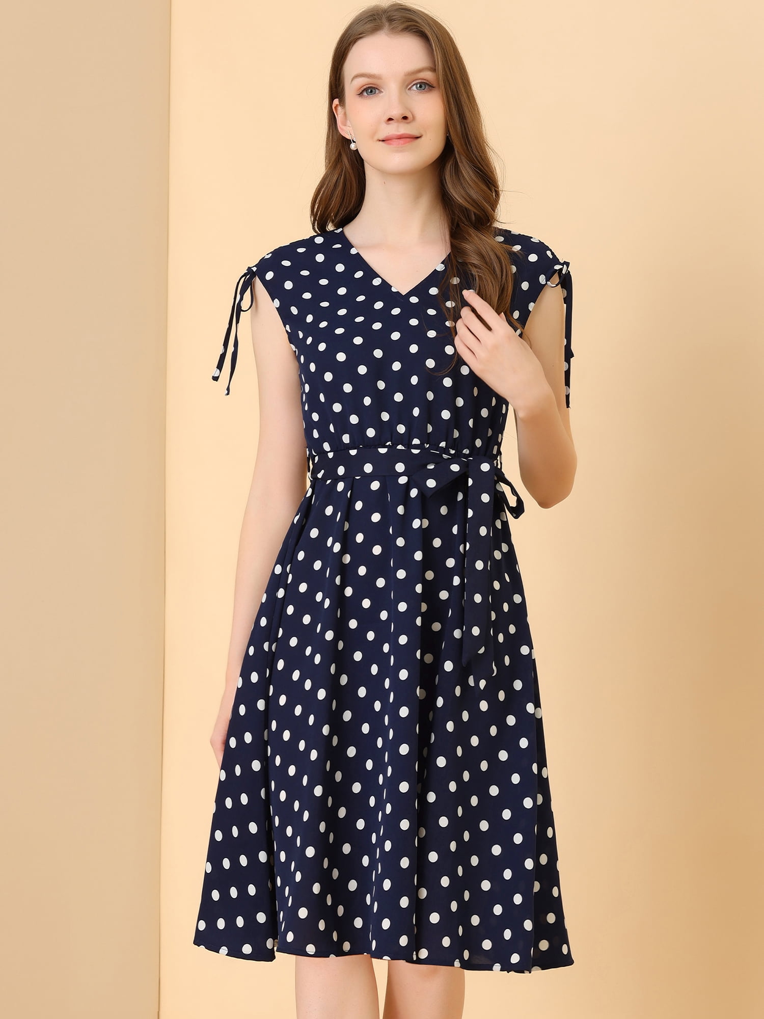 DARING DIVA Women's Polka Dots Vintage V Neck A-Line Sleeveless Midi Dress S Dark Blue