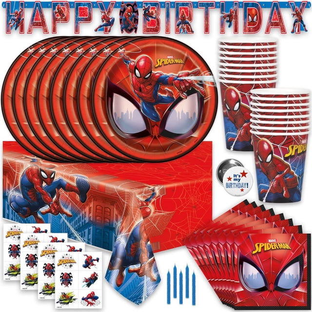 Artículos de fiesta para cumpleaños de Spiderman para 16 personas con vajilla
