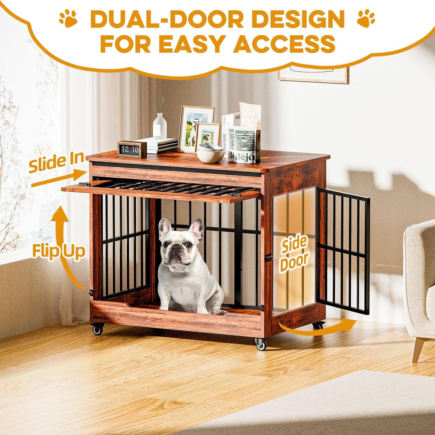 38" Wooden Dog Crate Furniture with Double Door, Lockable Wheels & Blackout Curtain – Decorative End Table Kennel for Large & Medium Breed Dogs, Vintage Brown