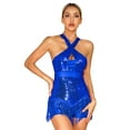 thumbnail image 2 of TiaoBug Women Sequins Tassel Latin Jazz Dance Dress Criss Cross Back Leotard Tango Ballroom Bodysuit Royal Blue S, 2 of 6