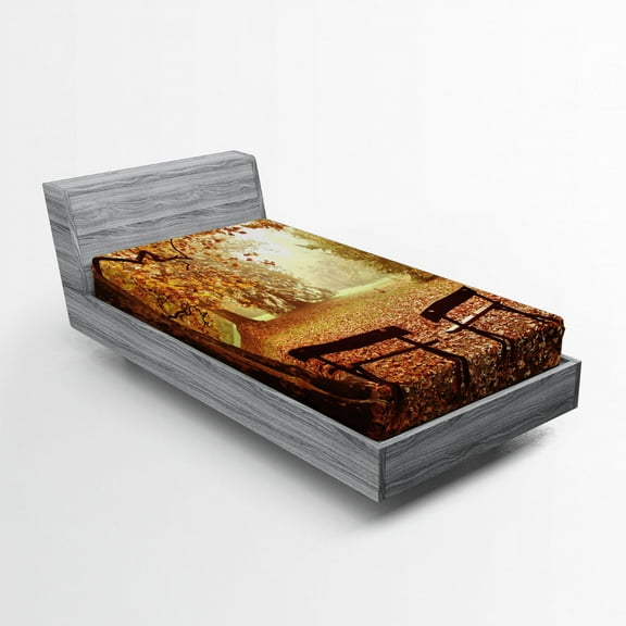 Autumn Fitted Sheet, Dramatic Scene with Fall Season Woodland and Wooden Old Benches Photo, Soft Decorative Fabric Bedding, Twin XL Size, Multicolor, by Ambesonne