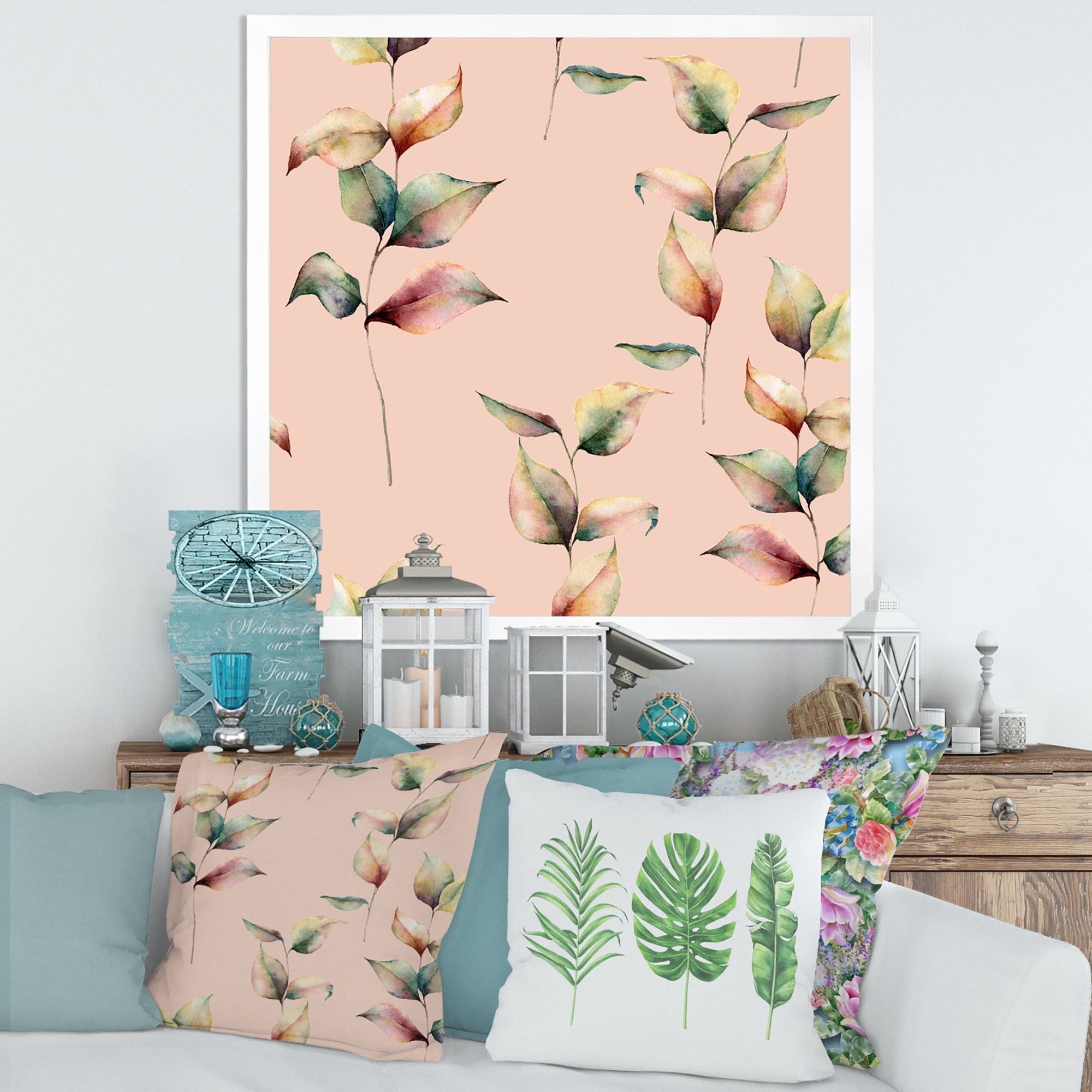 Designart 'Autumn Pink Leaves with Branch On Pastel Colors' Traditional Framed Art Print