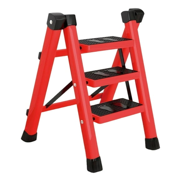 davian Folding Ladder 3 Step Portable Antislip Stepladder Sturdy Iron Work Ladder Compact Multifunctional Lightweight Suitable for Household Kitchen Garage I Red