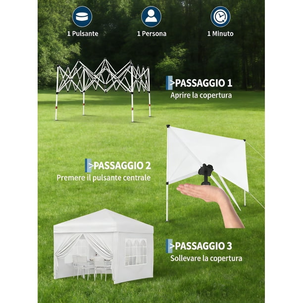Gazebo Plegable 3x3m para Jardín y Mercado - 4 Paredes Laterales Impermeables con Protección Solar UPF 50+ - Altura Ajustable y Montaje Fácil