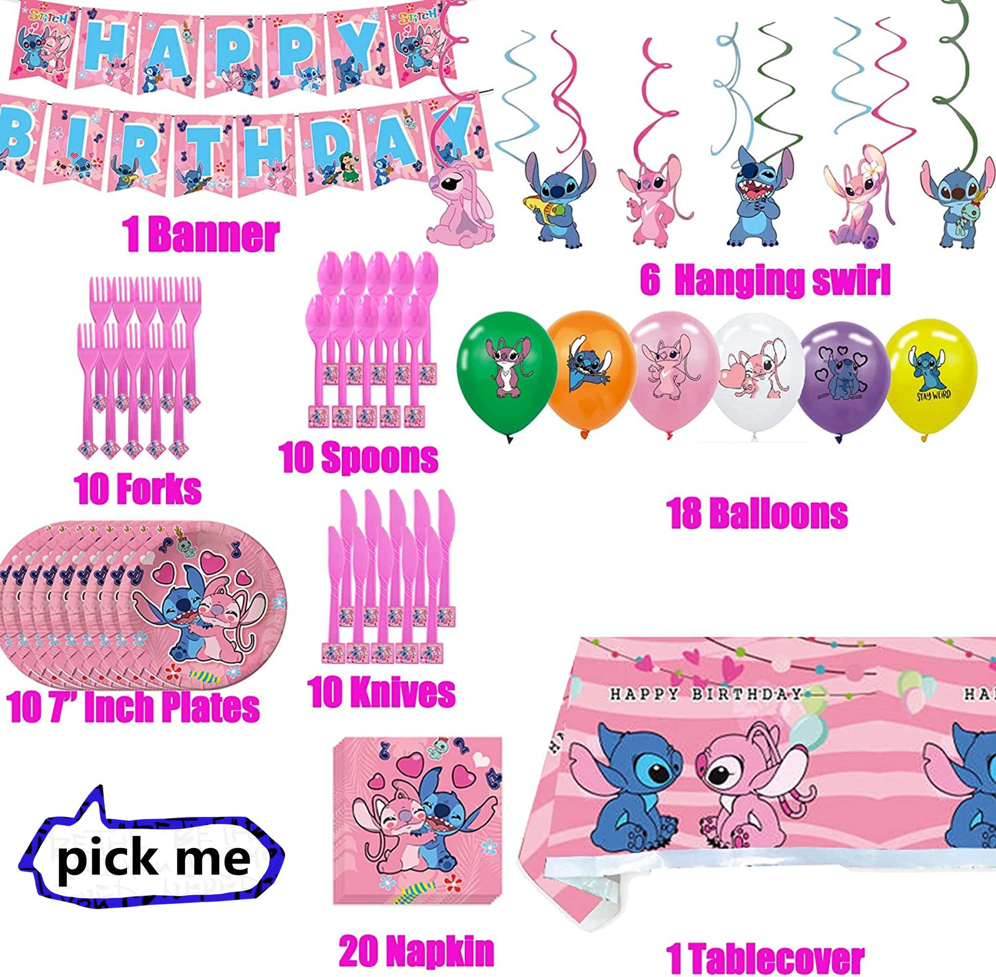 142PCS Pink Lilo and Stitch Birthday Party Supplies for 10 Guests, Party  Birthday Decorations included Happy Birthday Banner, Balloons, Forks,  Tableware 