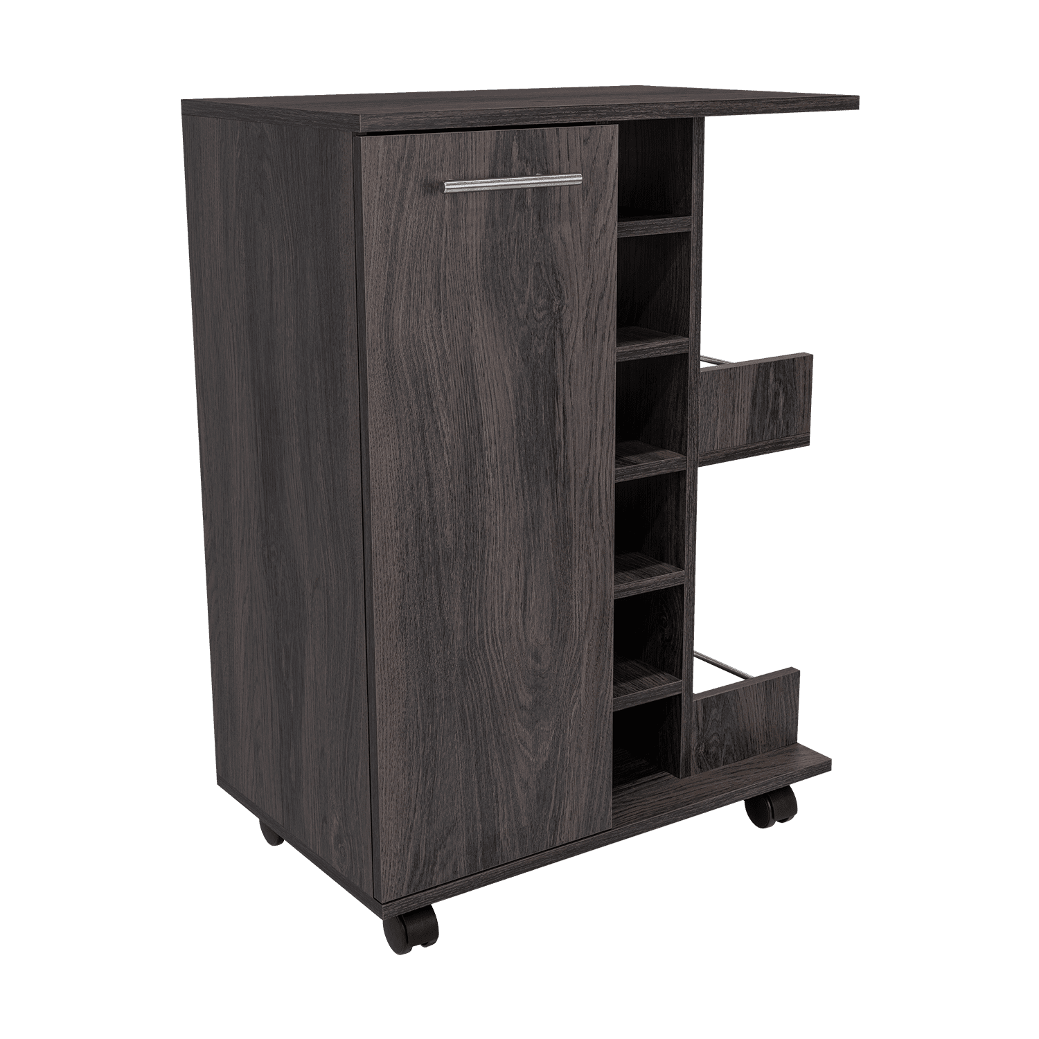 Bar Cart, Two External Shelves, Four Casters, Six Built-in Wine Rack, Single Door Cabinet -Espresso