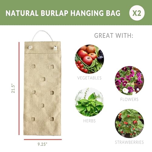 HANG & GROW Burlap Hanging Planter Bags for Outdoor Plants, Vertical Flower Hanging Bag for Easy Outside Garden Decoration, Reusable for Flowers, Strawberry, Vegetables and Herbs, (2 Bags, 8 Holes)
