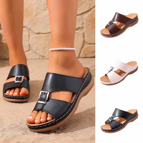 Womens Wedge Sandals Leather Comfortable Slip on Slides Open Toe Casual Arch Support Platform ladies Sandal Chunky Shoes Brown 9.5(43)