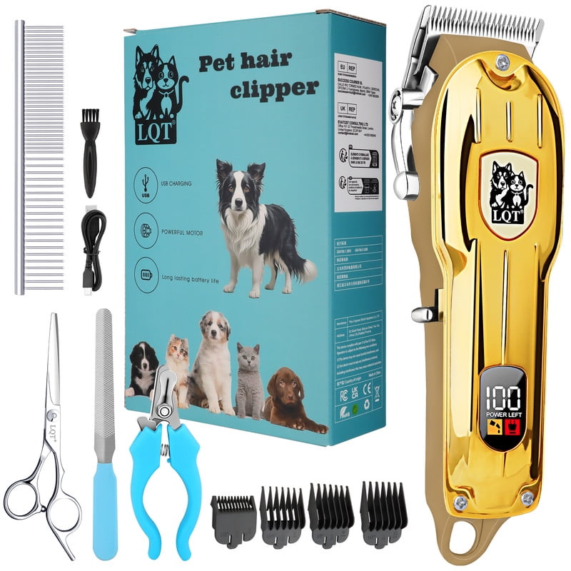 LQT Dog Clippers for Grooming for Thick Coats, Professional Pet Hair Clippers Supplies Kit Low Noise Rechargeable Stainless Steel Hair Trimmer with Ceramic Blade for Dogs Cats Animals (Gold)