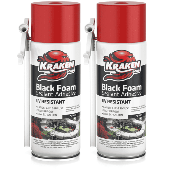 Kraken Bond Black Waterfall & Landscape Foam Sealant, Expanding Polyurethane Pond & Rock Foam, UV & Water Resistant, Straw Use, 12 oz Can, 2 Pack